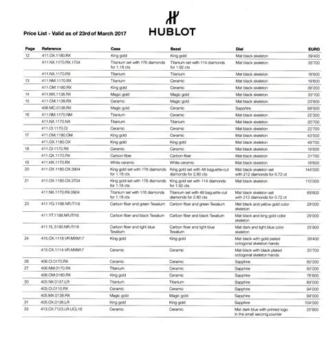 hublot preisliste 2017